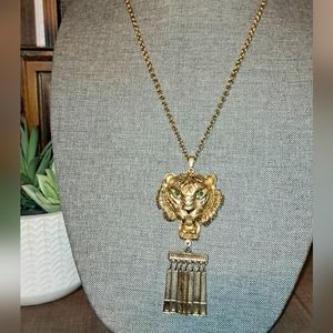Vtg 70/80s Massive Sized Gold Tone Green Eyed Tiger Statement Pendant & Necklace